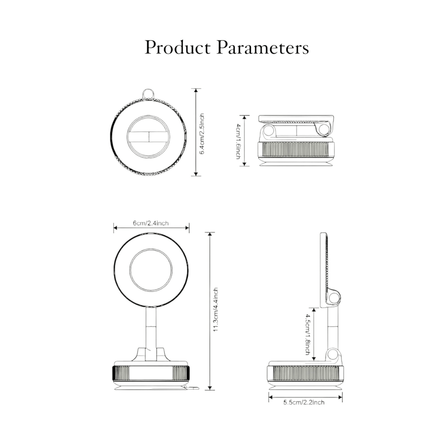 Technische Zeichnung der Vakuumsauger Magnethalterung – faltbare Handyhalterung mit 360° Drehung, ideal für Auto, Schreibtisch und Zuhause.