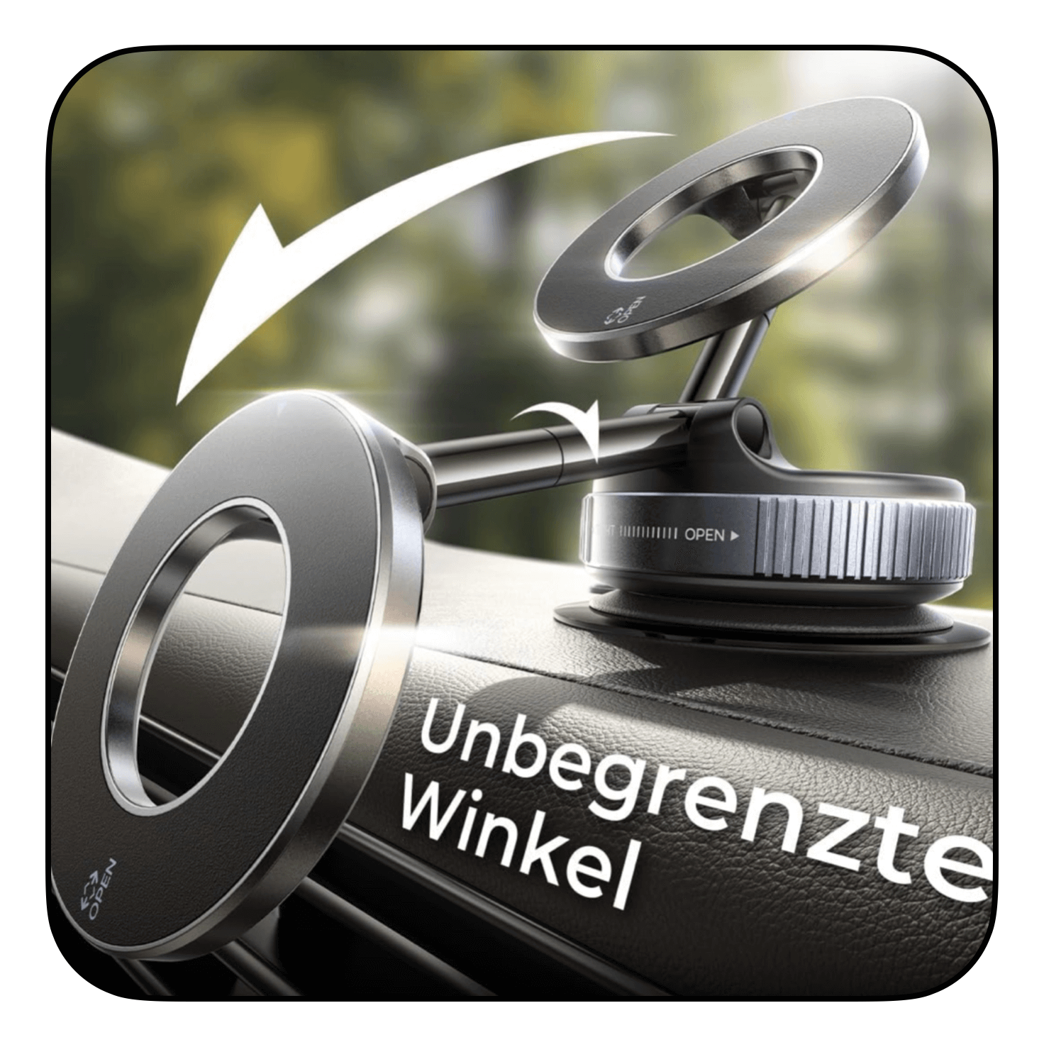 Vakuumsauger Magnethalterung mit 360° Drehfunktion für Handy, befestigt an Armaturenbrett. Magnetische faltbare Handyhalterung für Auto & Zuhause.